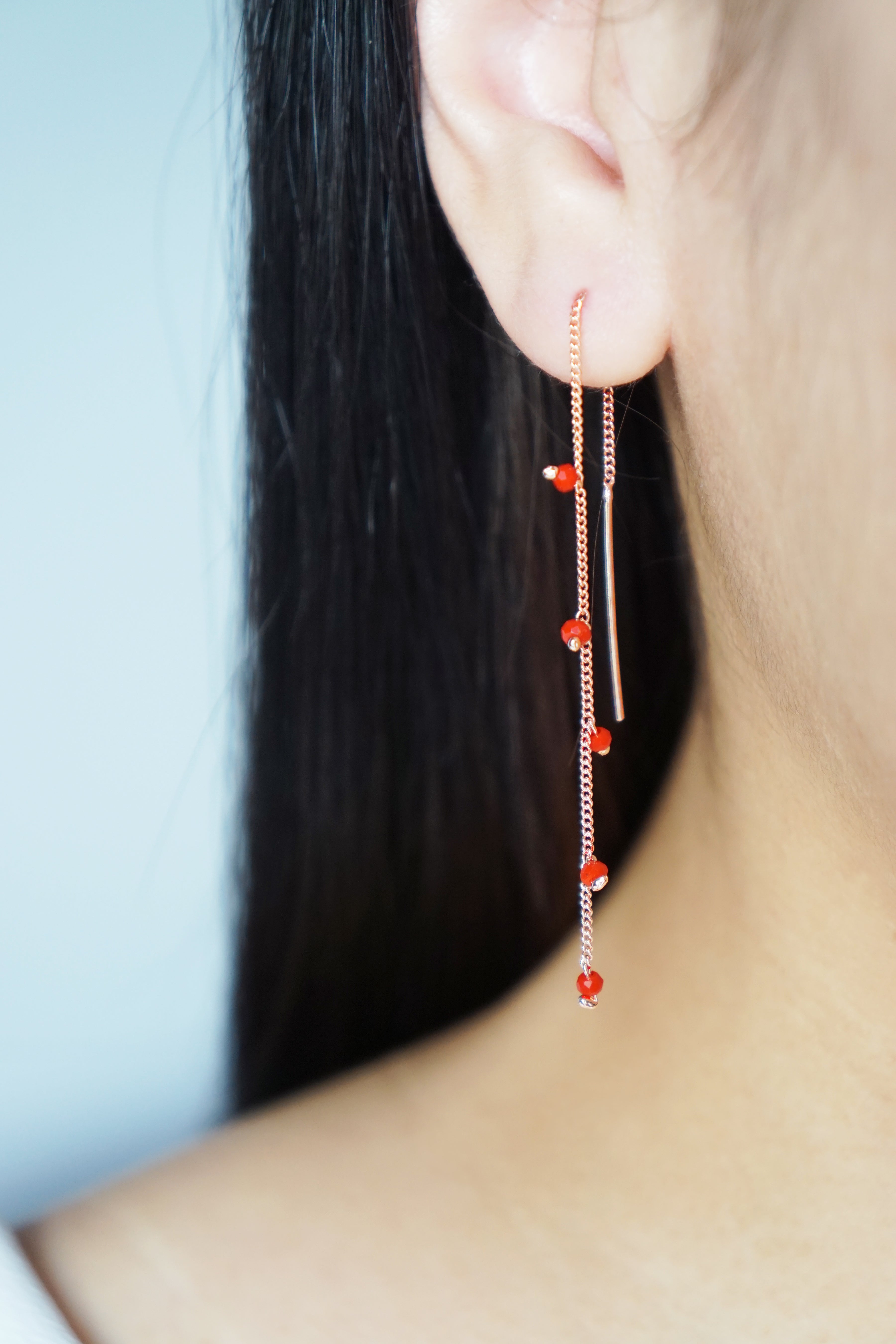 Wisteria Ear Threaders in Rose Gold - Red